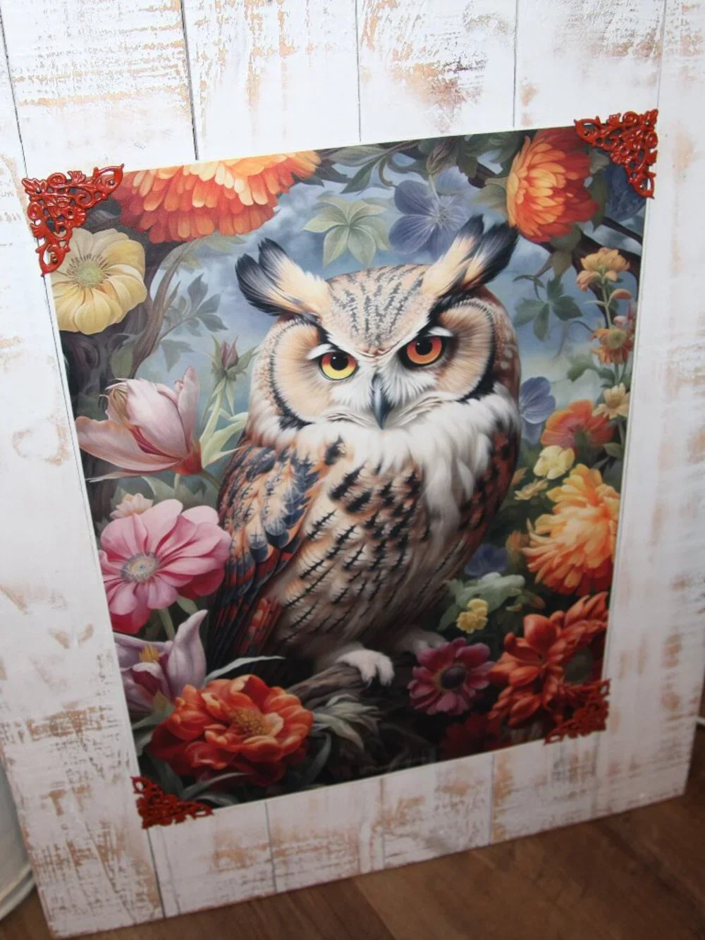NEW Large Colorful Eclectic BOHO Farmhouse Owl & Floral Wall Decor Picture Art